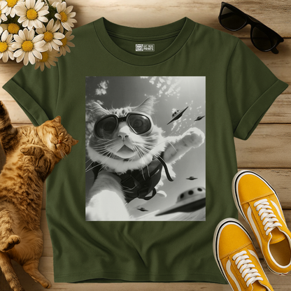 Skydiving Cat Selfie with Alien UFOs T-Shirt