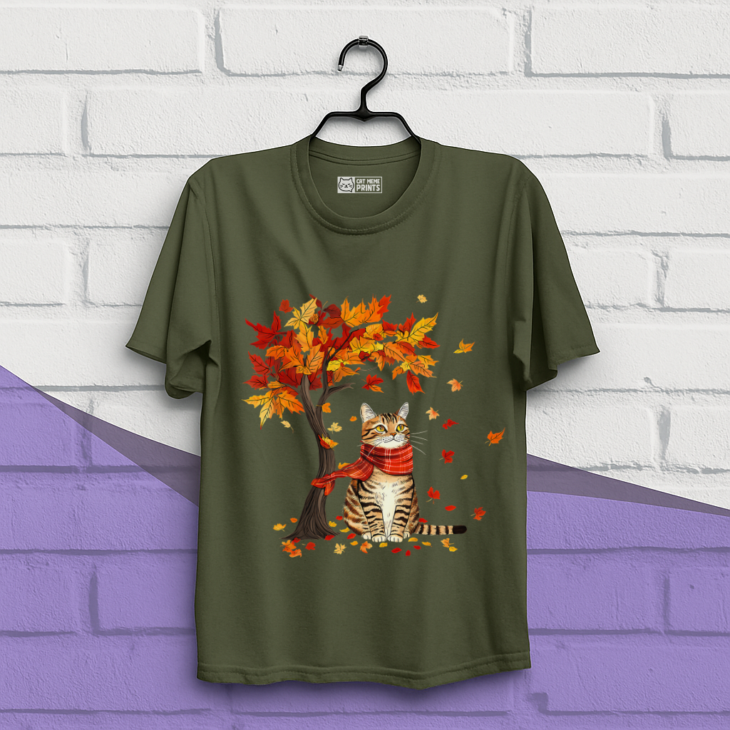 Cat Leaf Fall Tree Autumn Thanksgiving T-Shirt