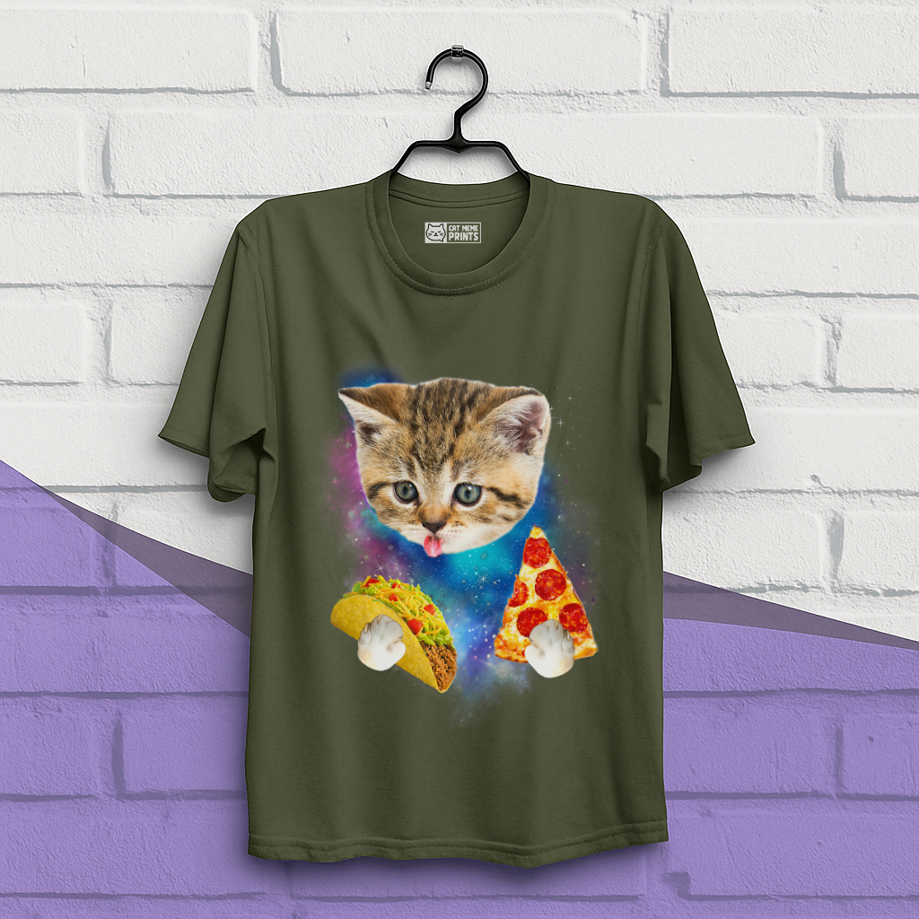 Cat Eat Pizza & Taco in Galaxy Space T-Shirt