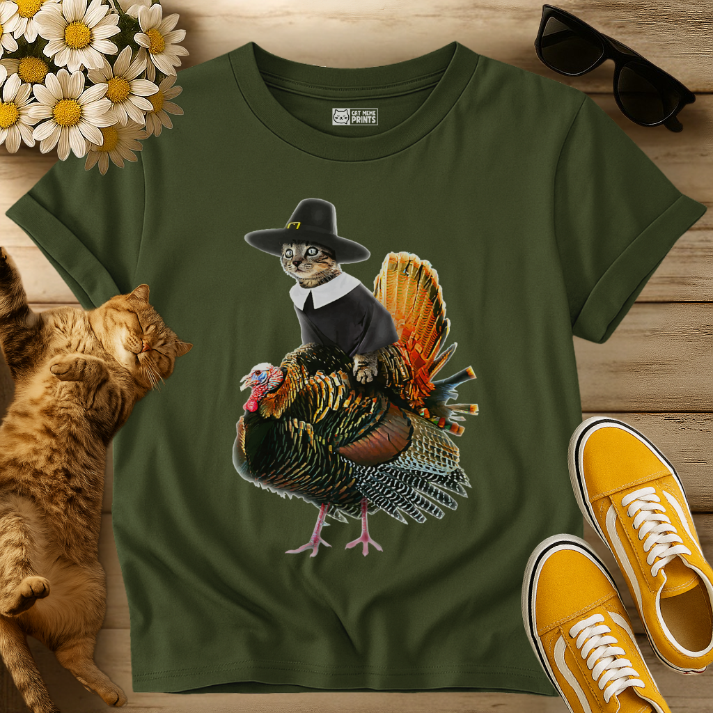 Cat Pilgrim Riding Turkey Thanksgiving T-Shirt