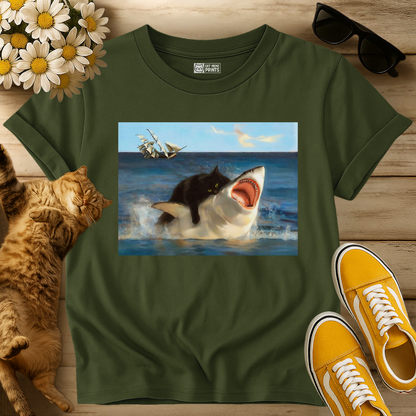 Black Cat Riding Shark Ocean T-Shirt