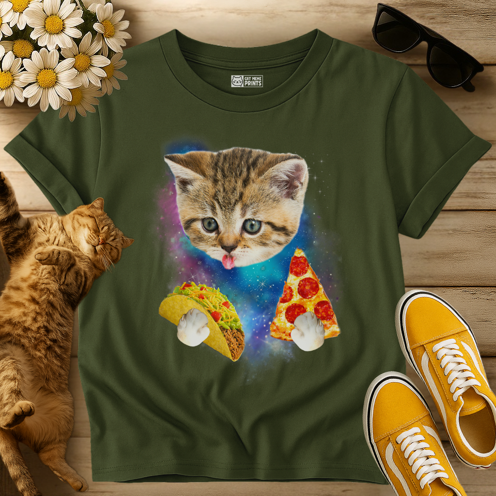Cat Eat Pizza & Taco in Galaxy Space T-Shirt