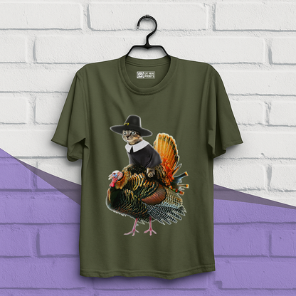 Cat Pilgrim Riding Turkey Thanksgiving T-Shirt