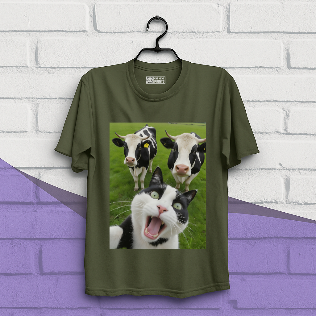 Cat Selfie With Black And White Cow T-Shirt