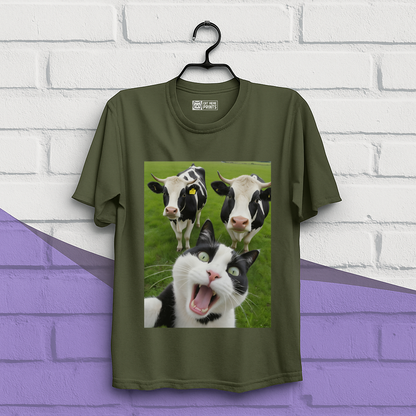 Cat Selfie With Black And White Cow T-Shirt