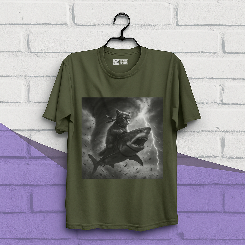 Cat Riding a Shark in Tornado Selfie Cat T-Shirt