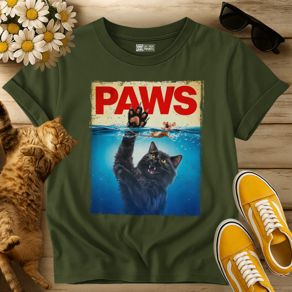 Paws Black Cat Chasing Scared Mouse T-Shirt