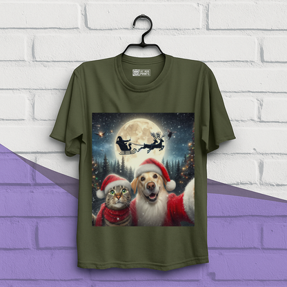 Cat and Dog Selfie with Santa Claus Christmas T-Shirt