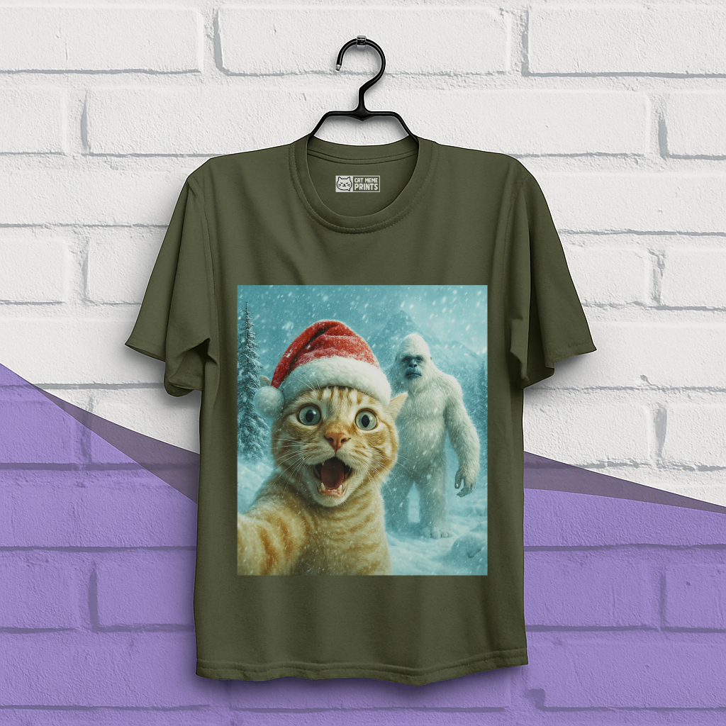 Christmas Cat Selfie with Abominable Snow Monster T-Shirt