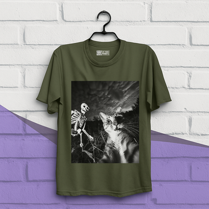 Cat Selfie with Skeleton Halloween T-Shirt