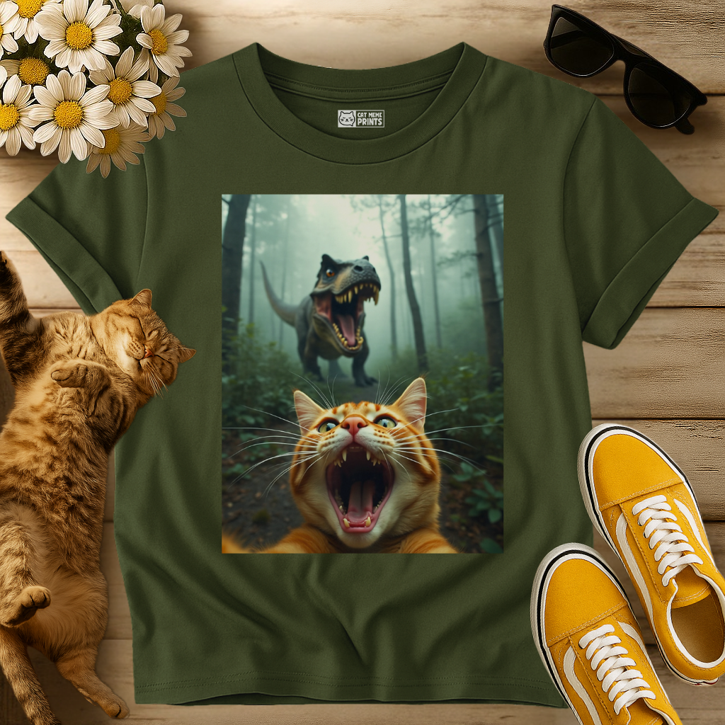 Cat Selfie With T-Rex Dinosaur T-Shirt
