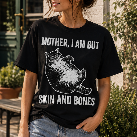 A woman wearing a black graphic t-shirt with a white print that reads 'MOTHER, I AM BUT SKIN AND BONES' alongside an illustration of a fat cat, paired with light wash jeans in an outdoor patio setting.