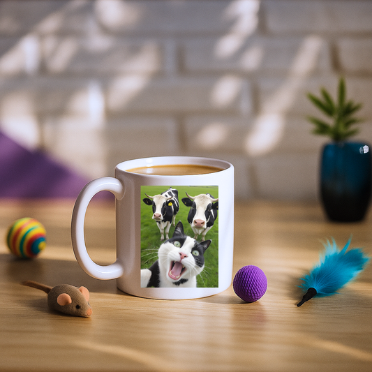 Cat Selfie With Black And White Cow Mug