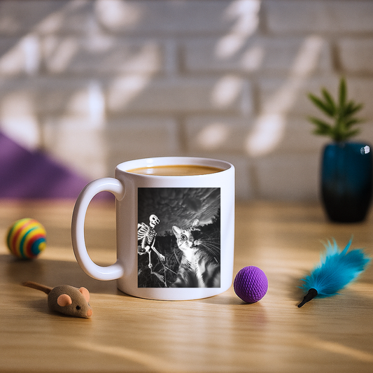 Cat Selfie with Skeleton Mug