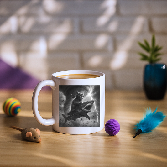 Cat Riding a Shark in Tornado Meme Mug