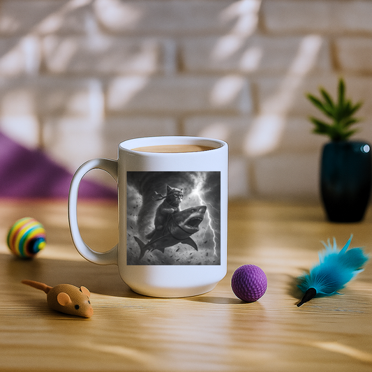 Cat Riding a Shark in Tornado Meme Mug