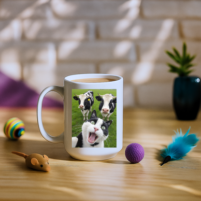 Cat Selfie With Black And White Cow Mug