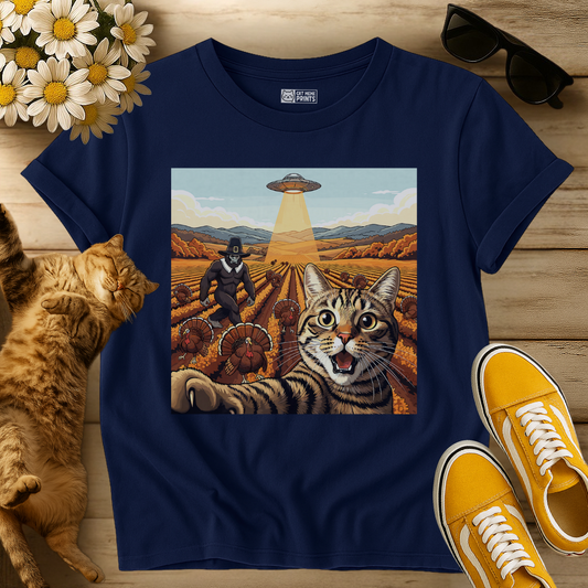 Cat Selfie With Tureky UFO Bigfoot T-Shirt