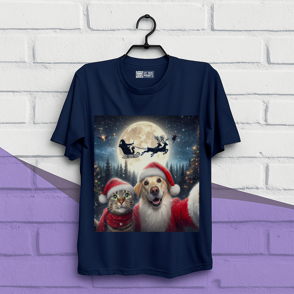 Cat and Dog Selfie with Santa Claus Christmas T-Shirt