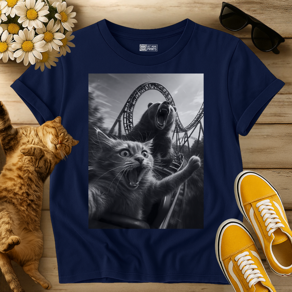 Cat Selfie with a Bear on a Roller Coaster T-Shirt