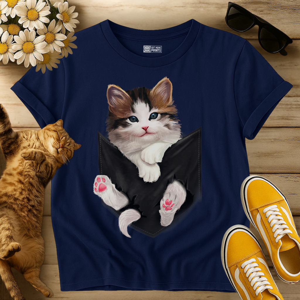 Cute White Kitty in Pocket T-Shirt