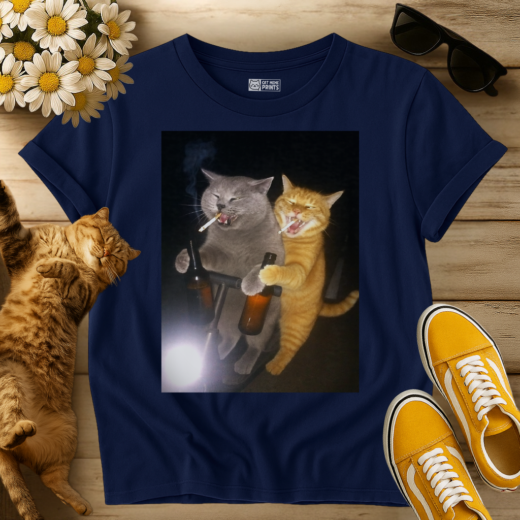 2 Cats Drinking and Smoking on Scooter T-Shirt