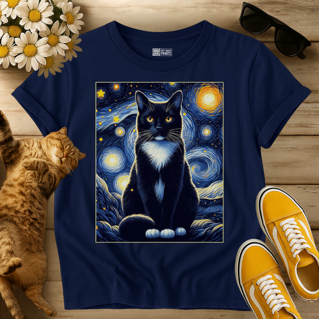Tuxedo Cat Starry Night T-Shirt