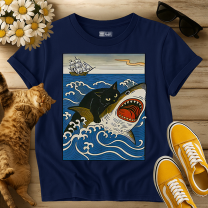 Black Cat Hunting Shark T-Shirt
