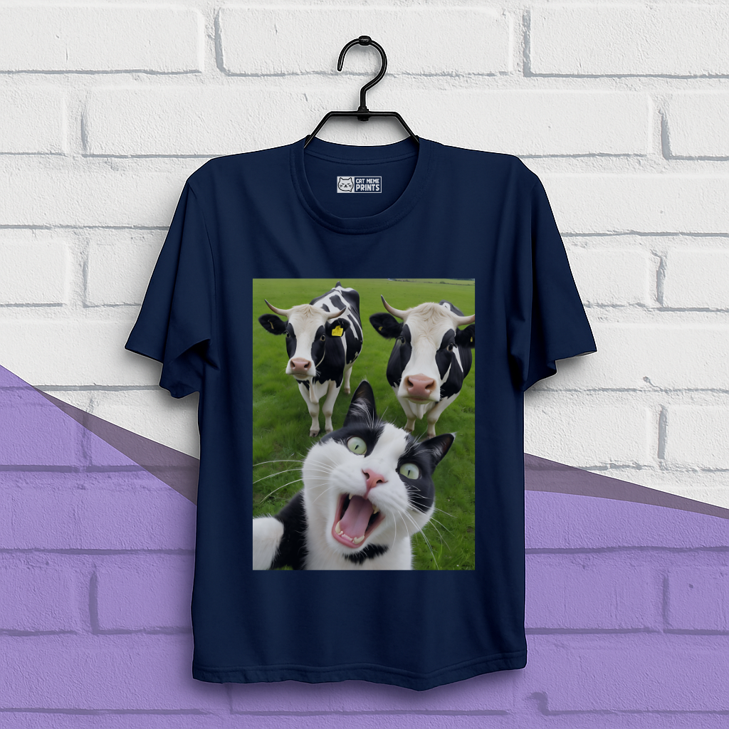 Cat Selfie With Black And White Cow T-Shirt