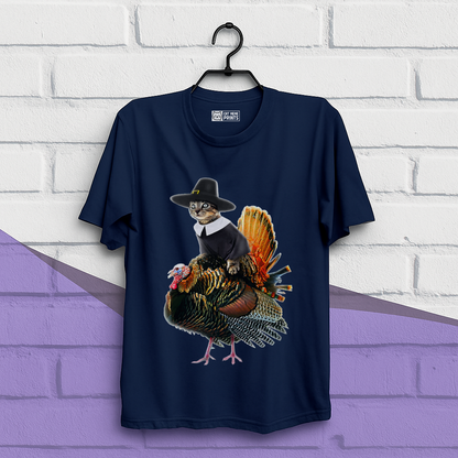 Cat Pilgrim Riding Turkey Thanksgiving T-Shirt