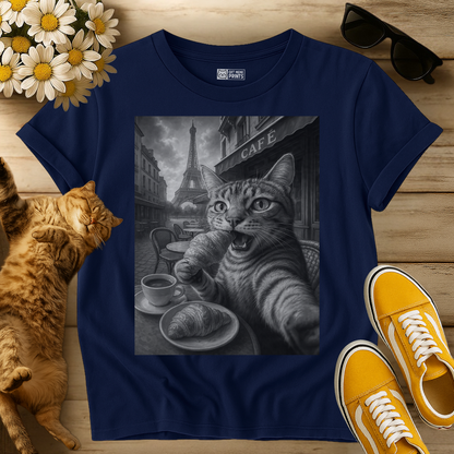 Paris Cat Selfie Eating Croissant by Eiffel Tower T-Shirt
