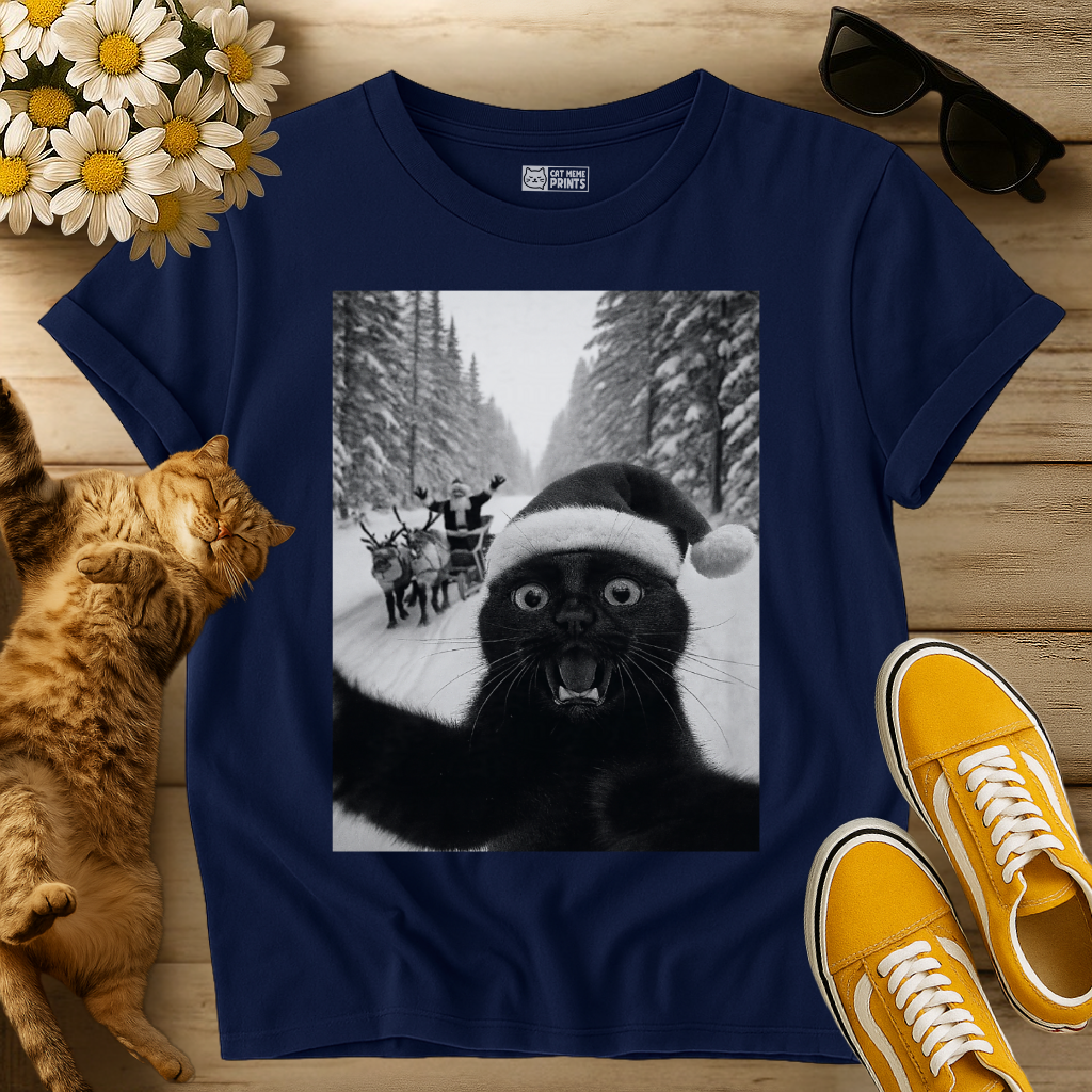 Black Cat Selfie with Santa T-Shirt