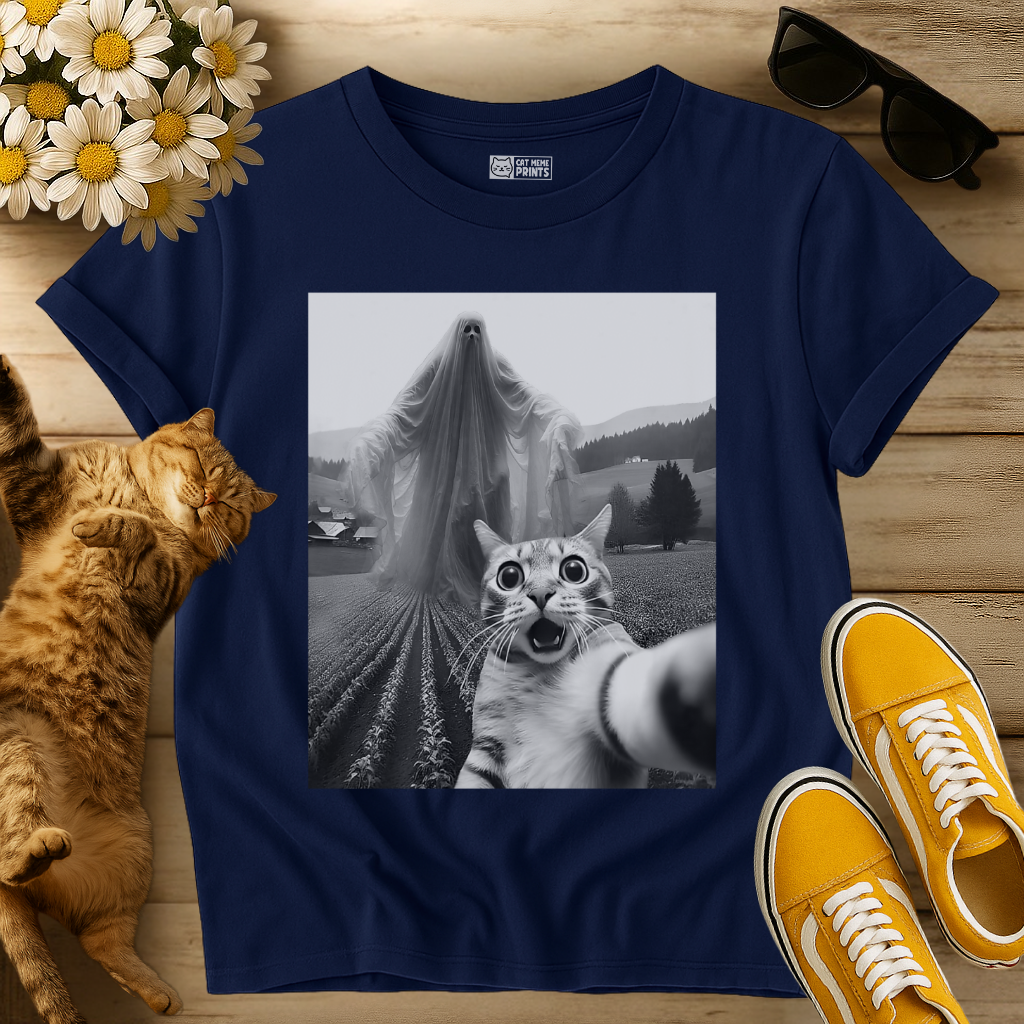 Cat Selfie with Spooky Ghost T-Shirt