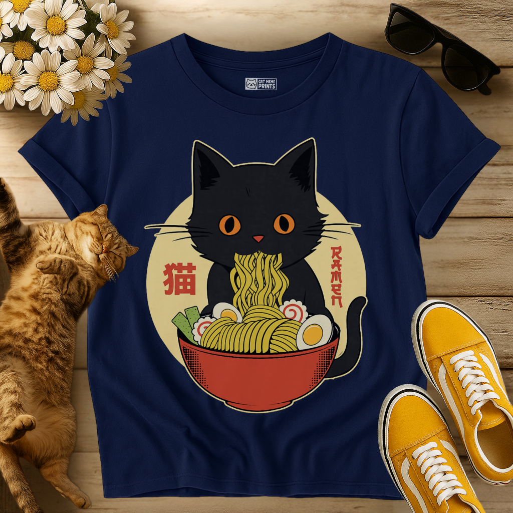 Kawaii Cat Eating Ramen Noodles T-Shirt