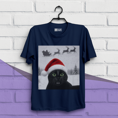 Black Cat Selfie with Santa Sleigh Christmas T-Shirt