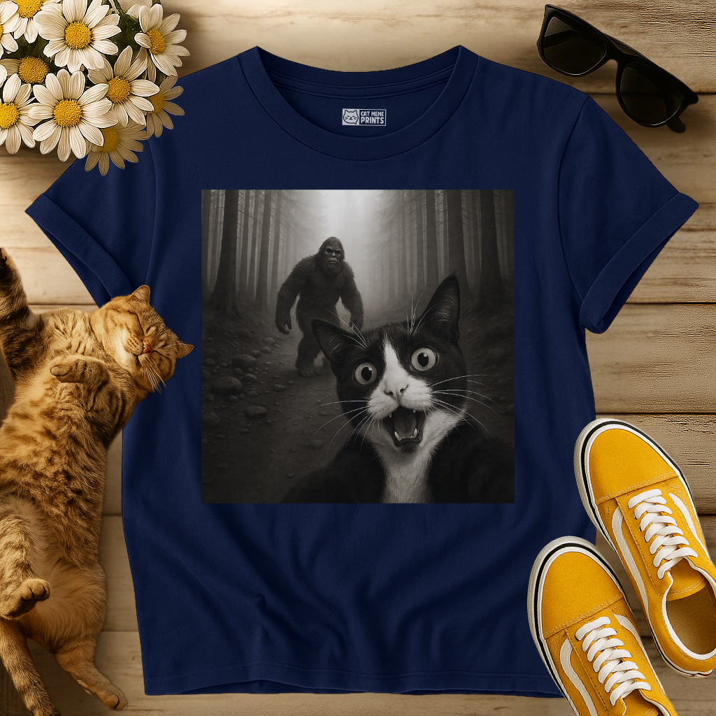 Tuxedo Cat Selfie with Bigfoot T-Shirt