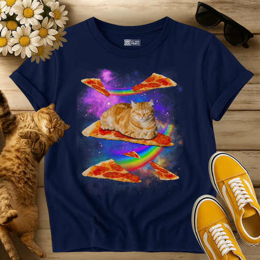 Cat Riding Pizza In Space Galaxy T-Shirt