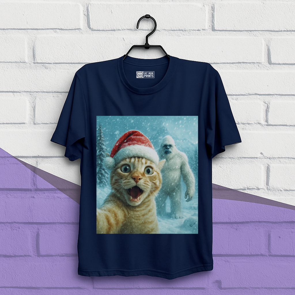 Christmas Cat Selfie with Abominable Snow Monster T-Shirt