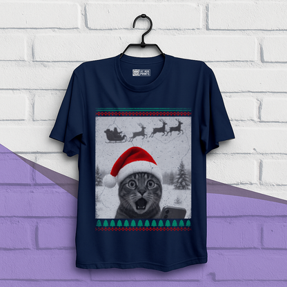 Christmas Cat Selfie with Santa Sleigh T-Shirt