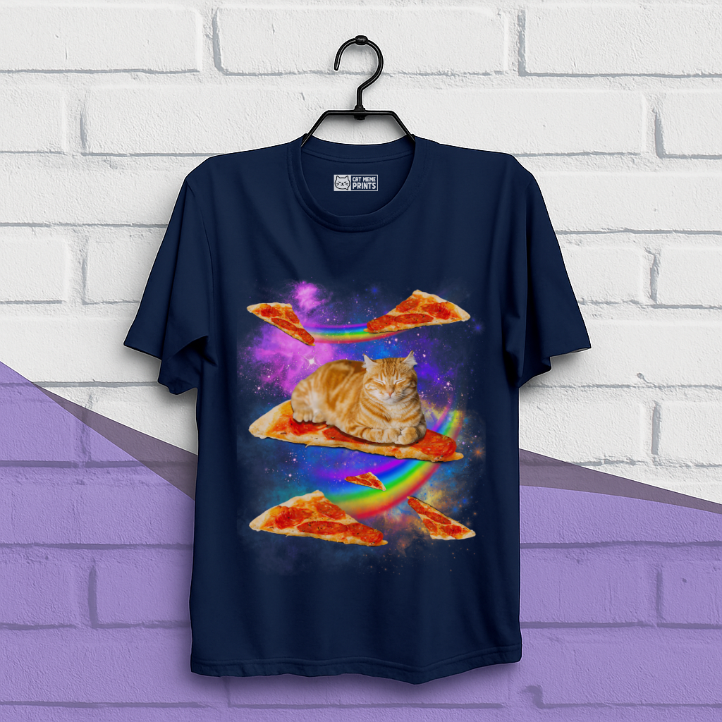 Cat Riding Pizza In Space Galaxy T-Shirt