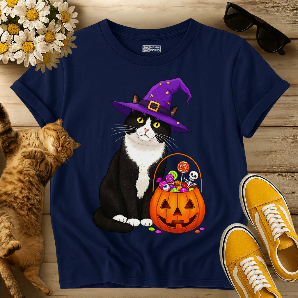 Witch Cat with Pumpkin Candy Basket T-Shirt