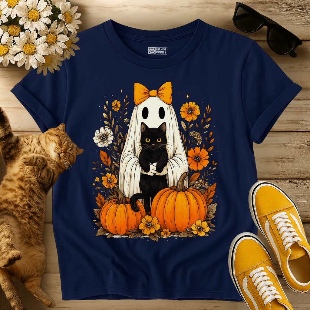 Ghost Holding Black Cat Floral T-Shirt