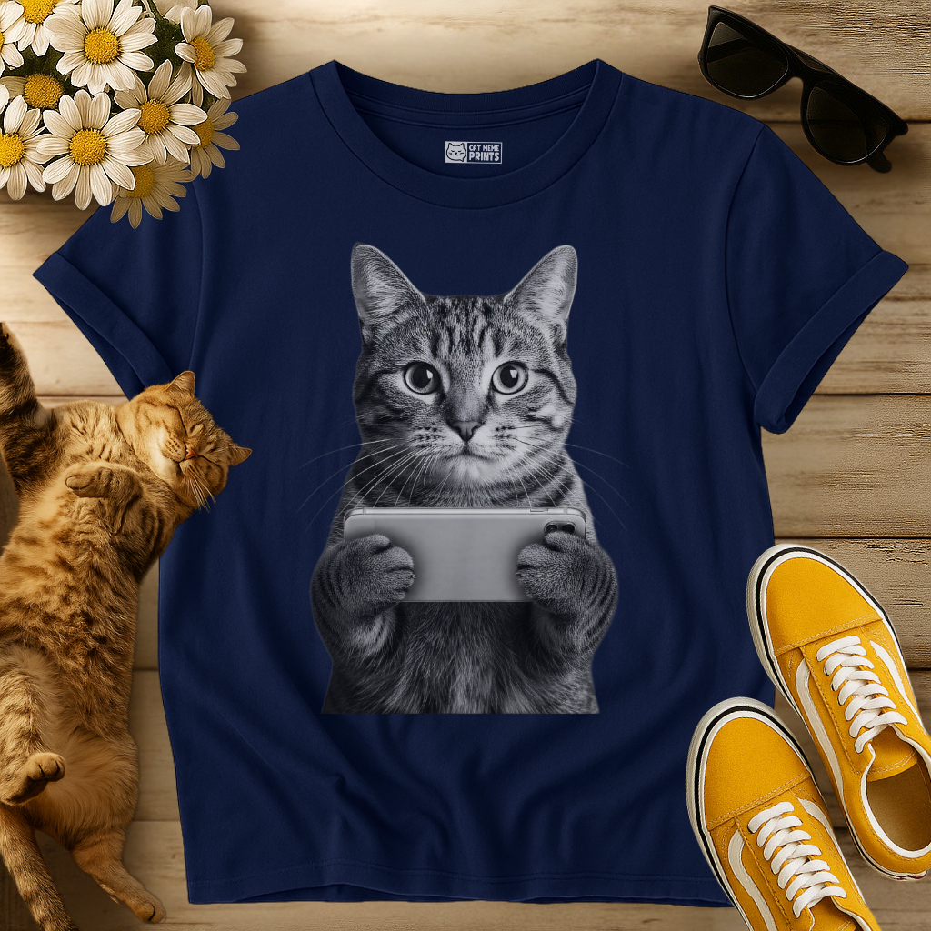 Tabby Cat Holding a Phone T-Shirt