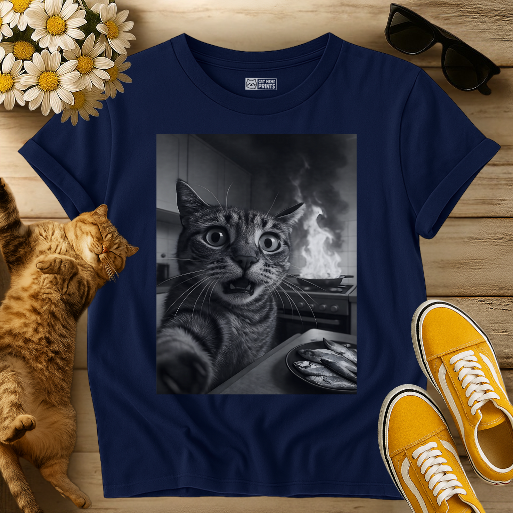 Cat Selfie with Burning Kitchen T-Shirt