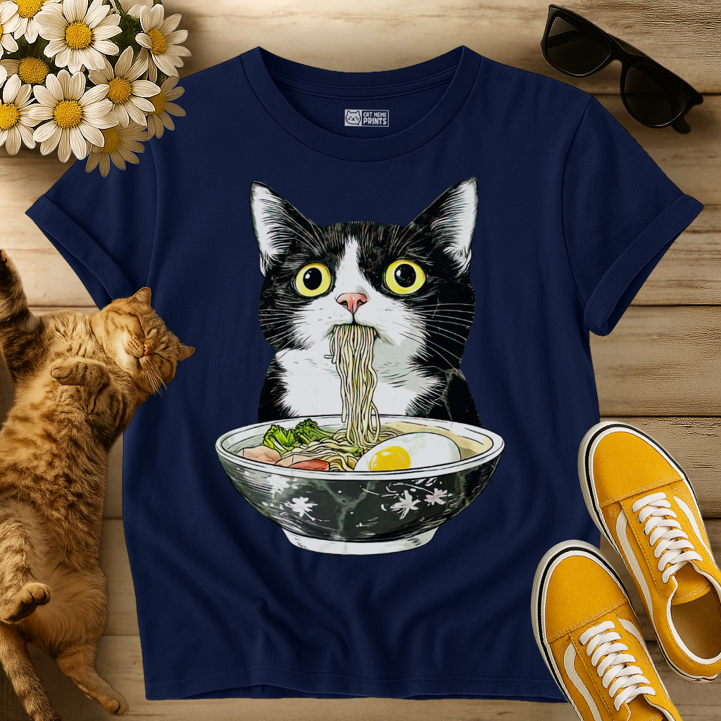 Tuxedo Cat Japanese Eating Ramen T-Shirt