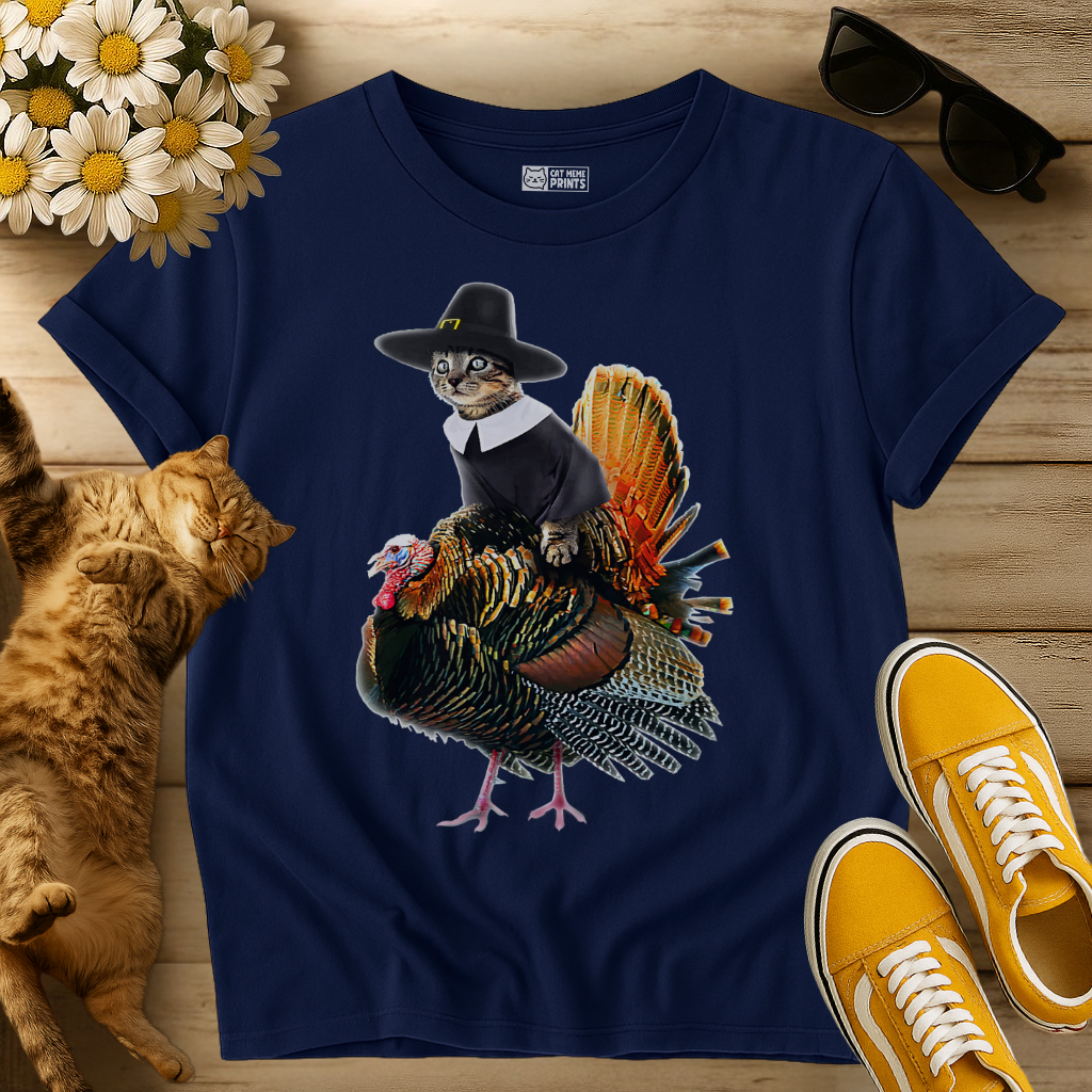 Cat Pilgrim Riding Turkey Thanksgiving T-Shirt