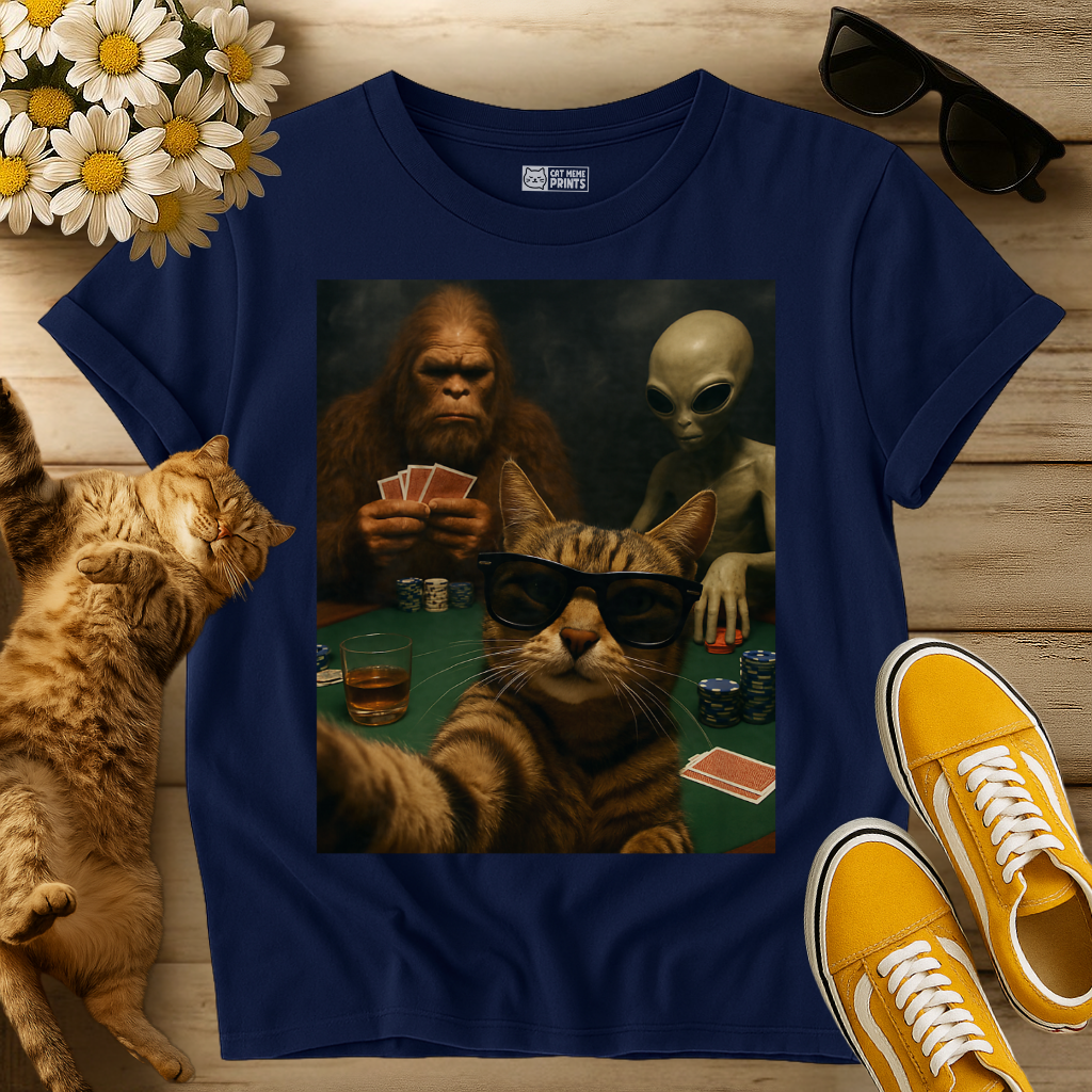 Cat Poker Selfie Bigfoot & Alien T-Shirt