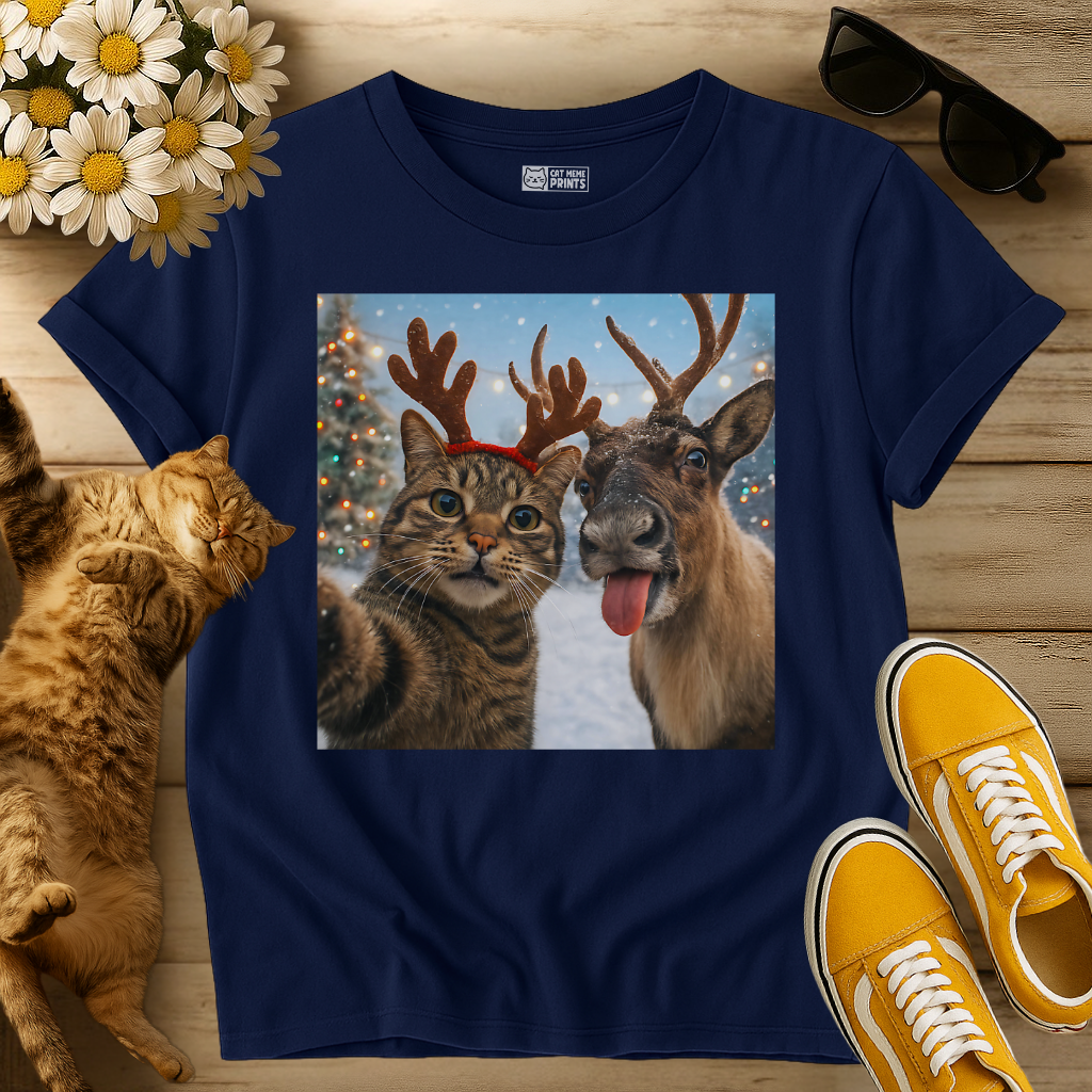 Cat Selfie With Reindeer T-Shirt