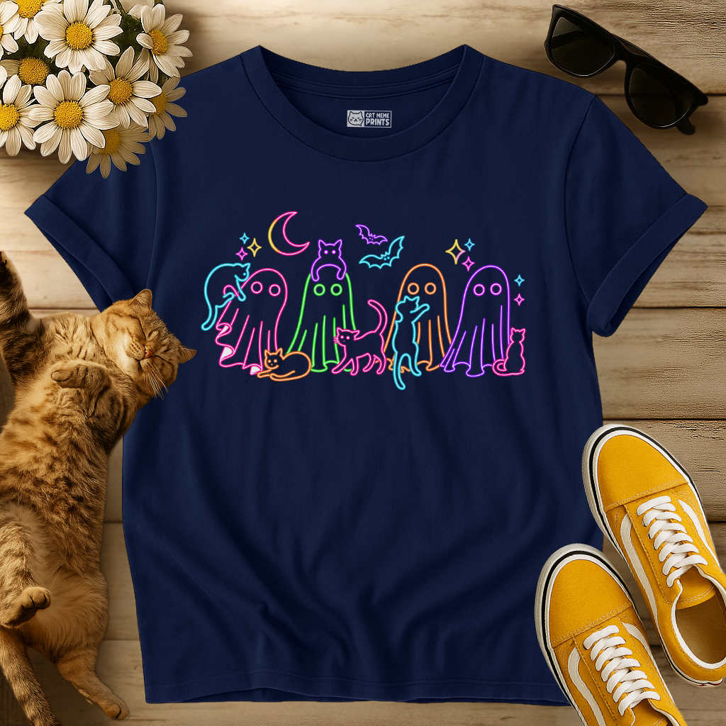 Neon Halloween Ghosts Cats T-Shirt