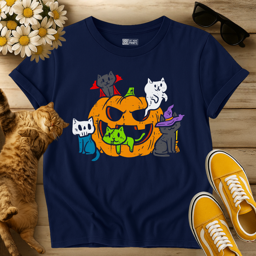 Vampire Ghost Zombie Witch Cats in Pumpkin T-Shirt